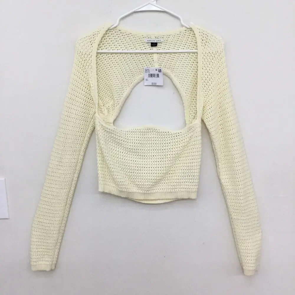 AMERICAN EAGLE Long Sleeve Cream Square Neck Knit Sweater Sz L